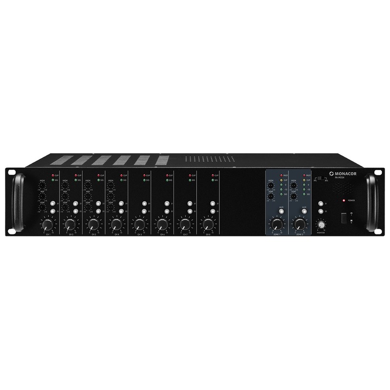 Amplificator matricial cu mixer integrat, pentru adresare publica, cu 2 zone, 8 canale, 100 V, 2 x 240 W, PA-M224, Monacor 1 Amplificator matricial cu mixer integrat, pentru adresare publica, cu 2 zone, 8 canale, 100 V, 2 x 240 W, PA-M224, Monacor
