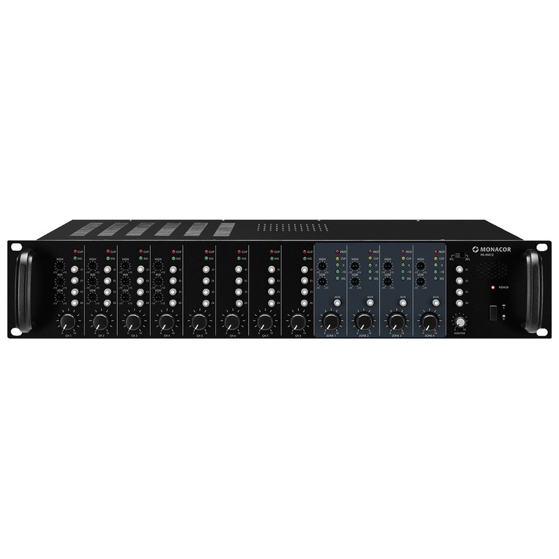 Amplificator matricial cu mixer integrat, pentru adresare publica, cu 4 zone, 8 canale, 100 V, 4 x 120 W, PA-M412, Monacor 1 Amplificator matricial cu mixer integrat, pentru adresare publica, cu 4 zone, 8 canale, 100 V, 4 x 120 W, PA-M412, Monacor