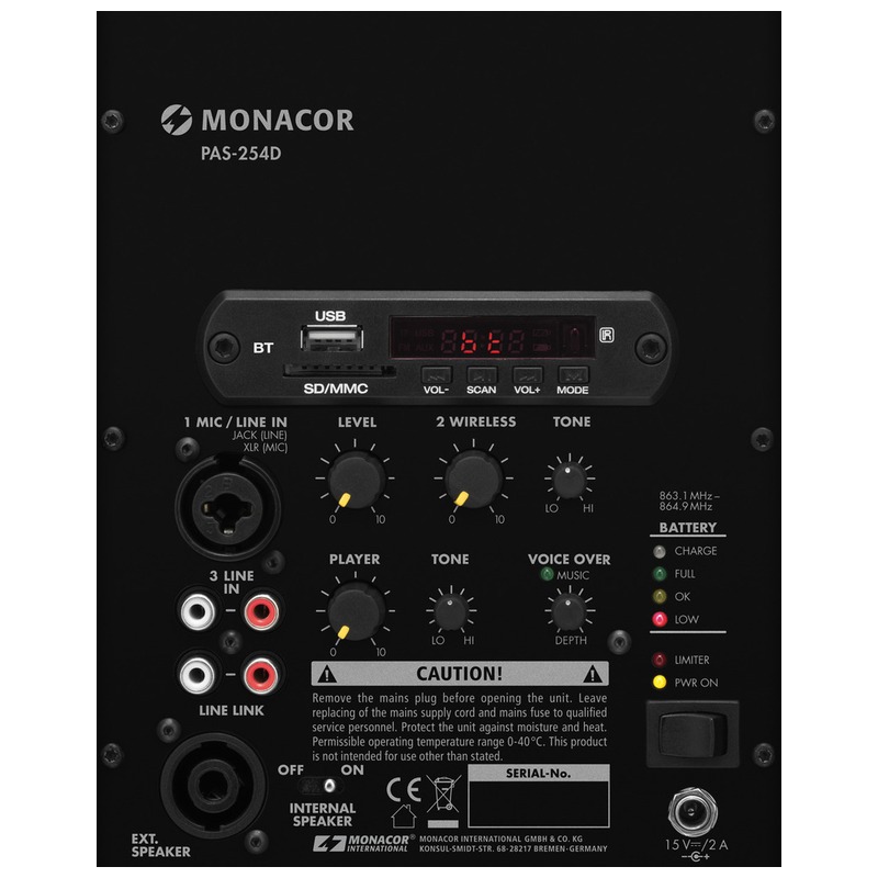 Sistem de amplificare portabil, player USB/SD integrat, pentru aplicații mobile, 70W, cu baterie, negru, PAS-254D, Monacor 2 Sistem de amplificare portabil, player USB/SD integrat, pentru aplicații mobile, 70W, cu baterie, negru, PAS-254D, Monacor - imagine 2