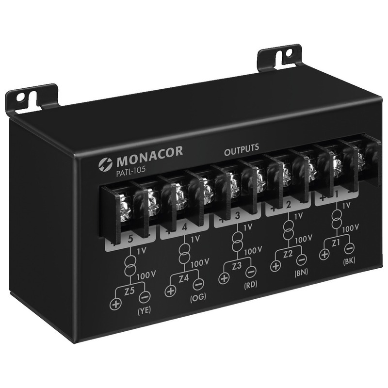 Transformator cu 5 căi de 100 V, pentru conectarea unei surse de semnal audio de 100 V la dispozitive cu intrări de linie, PATL-105, Monacor 1 transformator 100V 5 căi audio Monacor AVISystems