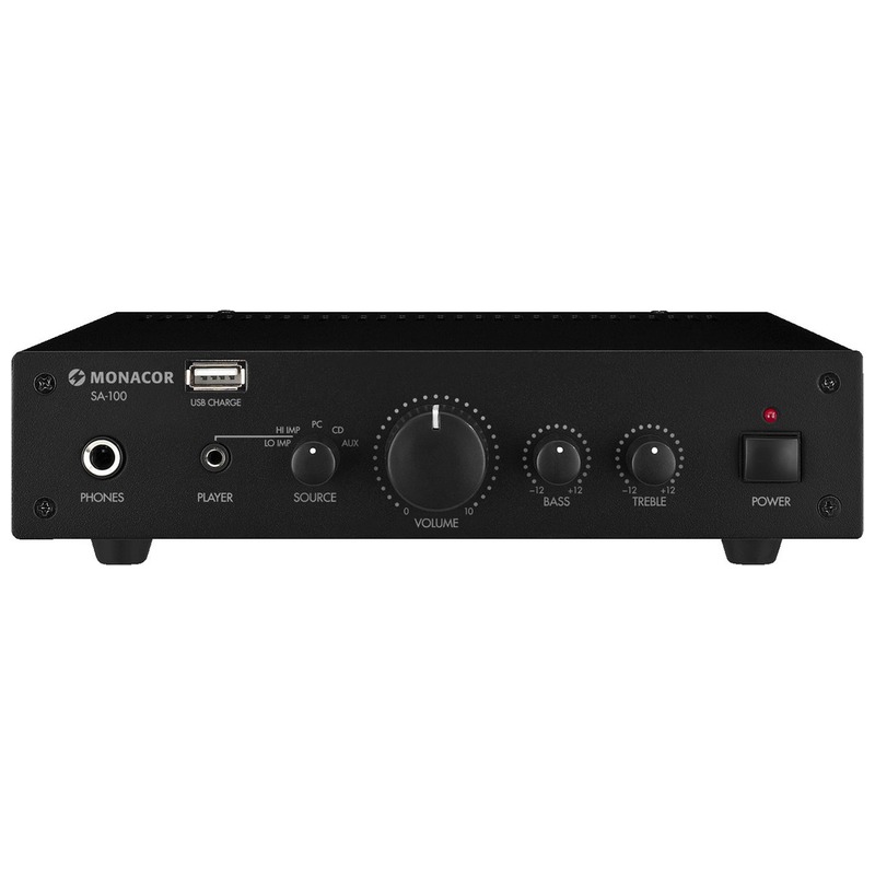 Amplificator stereo universal 50 W, pentru adresare publica, cu 2 canale, 4Ω, 8Ω, 2 x 25 W / 2 x 20 W, SA-100, Monacor 1 Amplificator stereo universal 50 W, pentru adresare publica, cu 2 canale, 4Ω, 8Ω, 2 x 25 W / 2 x 20 W, SA-100, Monacor