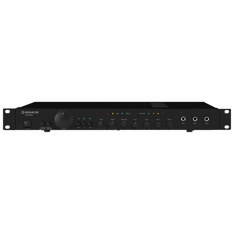 Amplificator de mixaj stereo universal 50 W, pentru adresare publica, cu 2 canale, 4Ω, 8Ω, 2 x 25 W / 2 x 20 W, SA-230/SW, Monacor 1 amplificator de mixaj stereo universal Monacor SA-250/SW negru