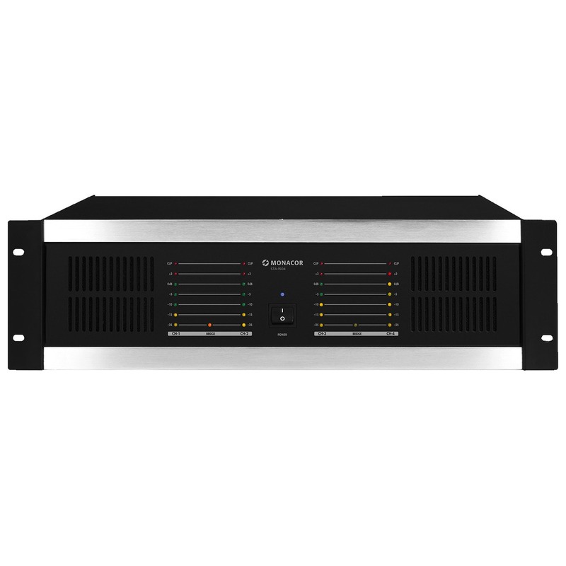 Amplificator cu limitator integrat, pentru adresare publica, cu 4 canale, 640 W, 4Ω / 4 x 160 W, 8Ω / 4 x 100 W, STA-1504, Monacor 1 Amplificator cu limitator integrat, pentru adresare publica, cu 4 canale, 640 W, 4Ω / 4 x 160 W, 8Ω / 4 x 100 W, STA-1504, Monacor