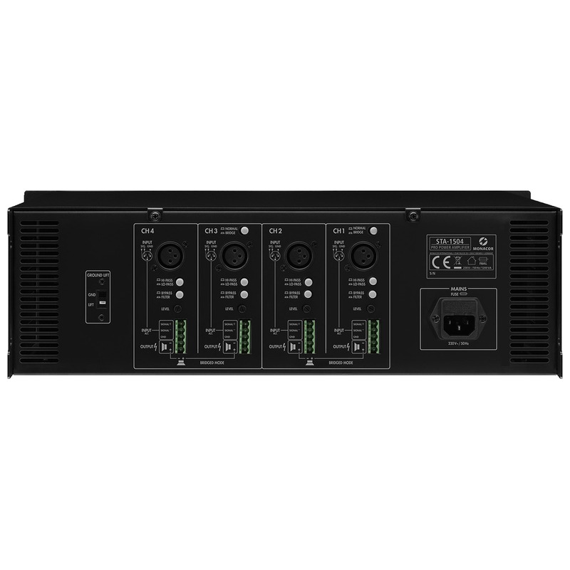 Amplificator cu limitator integrat, pentru adresare publica, cu 4 canale, 640 W, 4Ω / 4 x 160 W, 8Ω / 4 x 100 W, STA-1504, Monacor 3 Amplificator cu limitator integrat, pentru adresare publica, cu 4 canale, 640 W, 4Ω / 4 x 160 W, 8Ω / 4 x 100 W, STA-1504, Monacor - imagine 3