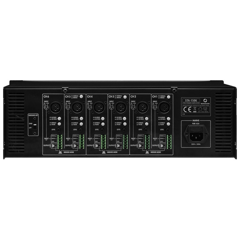 Amplificator cu limitator integrat, pentru adresare publica, cu 6 canale, 960 W, 4Ω / 6 x 160 W, 8Ω / 6 x 100 W, STA-1506, Monacor 2 Amplificator cu limitator integrat, pentru adresare publica, cu 6 canale, 960 W, 4Ω / 6 x 160 W, 8Ω / 6 x 100 W, STA-1506, Monacor - imagine 2