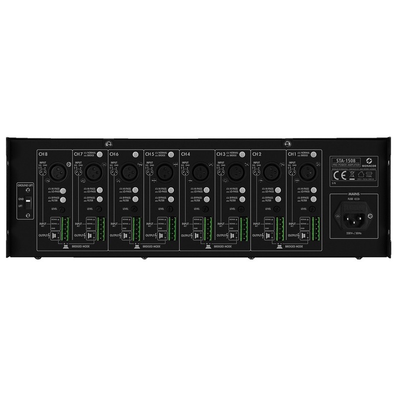 Amplificator cu limitator integrat, pentru adresare publica, cu 8 canale, 1280 W, 4Ω / 8 x 160 W, 8Ω / 8 x 100 W, STA-1508, Monacor 2 Amplificator cu limitator integrat, pentru adresare publica, cu 8 canale, 1280 W, 4Ω / 8 x 160 W, 8Ω / 8 x 100 W, STA-1508, Monacor - imagine 2