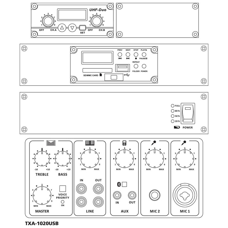 Sistem portabil de amplificare de mare putere, 170 W, cu unitate receptor multifrecvență integrată, reglabilă pe 2 canale, cu tehnologie UHF PLL și receptor Bluetooth, TXA-1020USB, Monacor 2 Sistem portabil de amplificare de mare putere, 170 W, cu unitate receptor multifrecvență integrată, reglabilă pe 2 canale, cu tehnologie UHF PLL și receptor Bluetooth, TXA-1020USB, Monacor - imagine 2