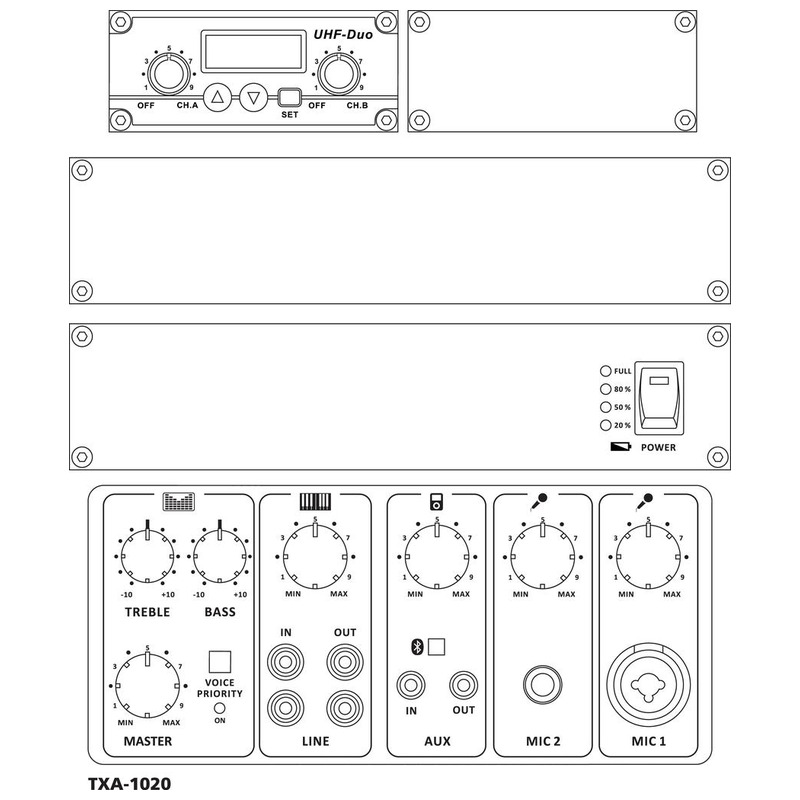 Sistem portabil de amplificare de mare putere, 170 W, cu unitate receptor multifrecvență reglabilă pe 2 canale integrată, cu tehnologie UHF PLL și receptor Bluetooth, TXA-1020, Monacor 2 Sistem portabil de amplificare de mare putere, 170 W, cu unitate receptor multifrecvență reglabilă pe 2 canale integrată, cu tehnologie UHF PLL și receptor Bluetooth, TXA-1020, Monacor - imagine 2