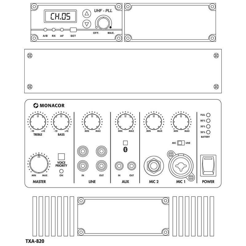 Sistem de amplificare portabil, 50 W, cu unitate receptor multifrecvență integrată cu 1 canal, tehnologie UHF PLL și receptor Bluetooth, TXA-820, Monacor 2 Sistem de amplificare portabil, 50 W, cu unitate receptor multifrecvență integrată cu 1 canal, tehnologie UHF PLL și receptor Bluetooth, TXA-820, Monacor - imagine 2