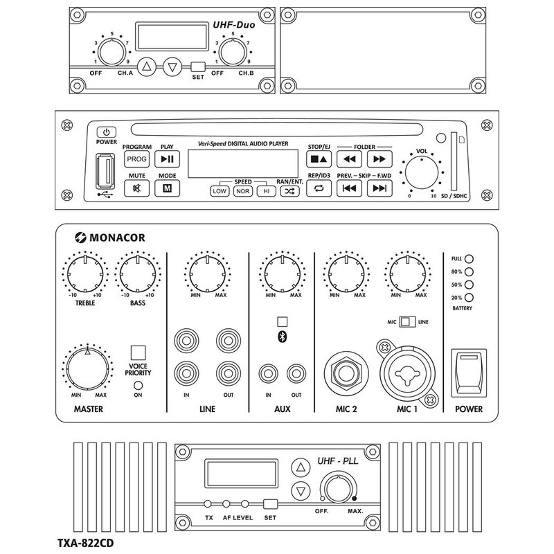 Sistem de amplificare portabil, 50 W, cu unitate receptor multifrecvență integrată pe 2 canale cu tehnologie UHF PLL și receptor Bluetooth, TXA-822CD, Monacor 3 Sistem de amplificare portabil, 50 W, cu unitate receptor multifrecvență integrată pe 2 canale cu tehnologie UHF PLL și receptor Bluetooth, TXA-822CD, Monacor - imagine 3