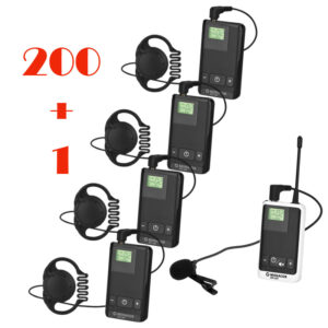 Pachet sistem de ghidare | tur ghidat live in frecventa UHF cu maxim 16 de canale, digital, ultrausor, unidirectional cu 200 de receptoare ATS-20R, 1 transmiter ATS-20T, cu geanta de transport si incarcare, Monacor