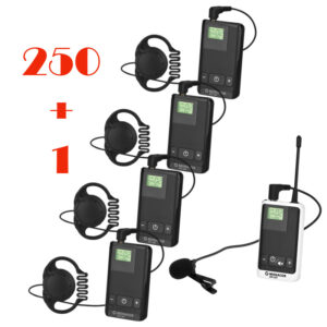 Pachet sistem de ghidare | tur ghidat live in frecventa UHF cu maxim 16 de canale, digital, ultrausor, unidirectional cu 300 de receptoare ATS-20R, 1 transmiter ATS-20T, cu geanta de transport si incarcare, Monacor