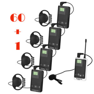 Pachet sistem de ghidare | tur ghidat live in frecventa UHF cu maxim 16 de canale, digital, ultrausor, unidirectional cu 60 de receptoare ATS-20R, 1 transmiter ATS-20T, cu geanta de transport si incarcare, Monacor